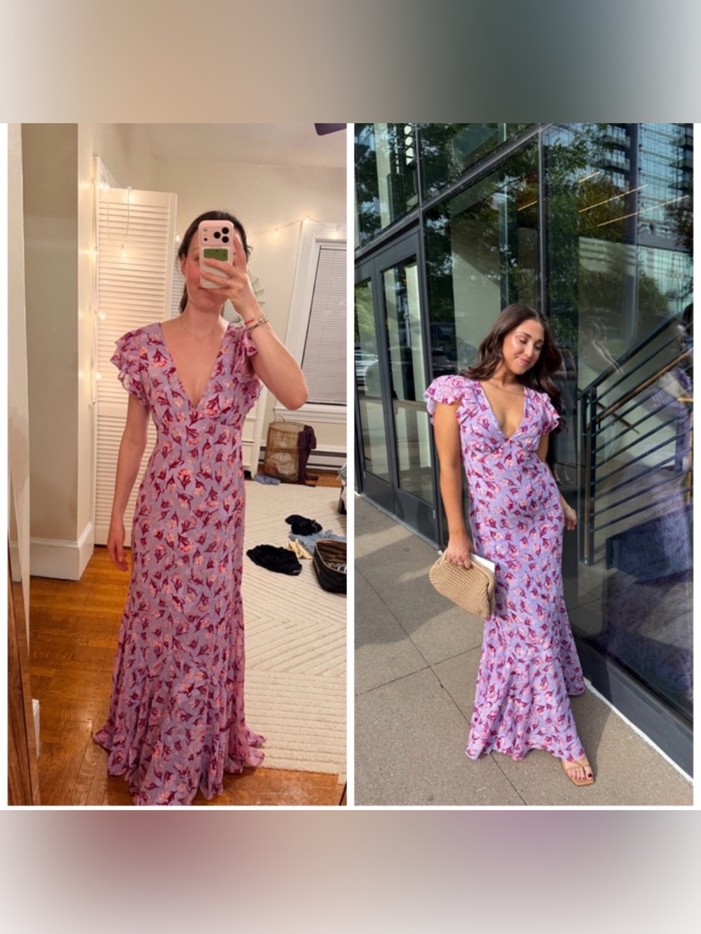 BHLDN Anthropologie Eva Flutter Sleeve Midi Dress Floral Plunge V Neckline Sz 6